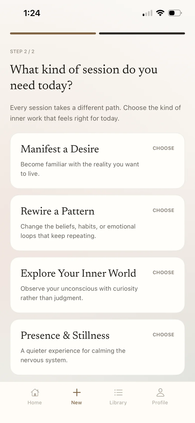 Psyche app: choose Manifest a Desire, Rewire a Pattern, Explore Your Inner World, or Presence and Stillness